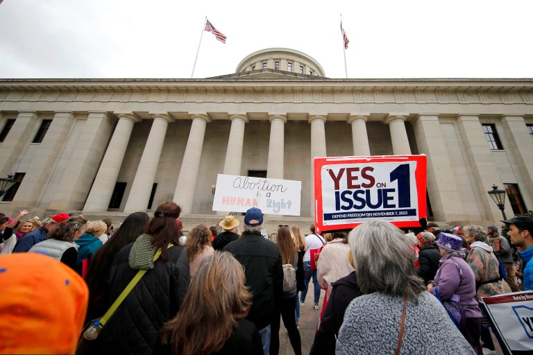 Supporters of Issue 1 attend a rally for the Right to Reproductive Freedom amendment held by Ohioans United for Reproductive Rights at the Ohio State House in Columbus, Ohio, Oct. 8, 2023.