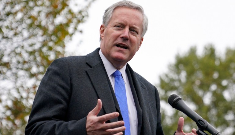 White House chief of staff Mark Meadows speaks with reporters outside the White House, Monday, Oct. 26, 2020, in Washington. A federal appeals court will hear arguments Friday, Dec. 15, 2023, over whether the election interference charges filed against Trump White House chief of staff Mark Meadows should be moved from a state court to federal court. 