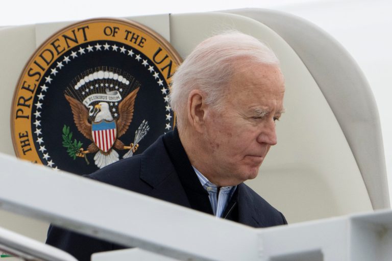 President Joe Biden arrives at Delaware Air National Guard Base in New Castle, Delaware, with first lady Jill Biden, Sunday, Dec. 17, 2023.