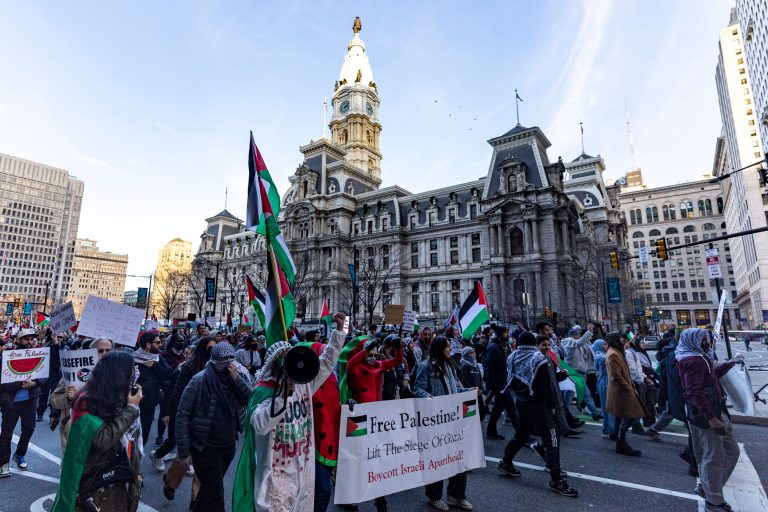 Many gather around City Hall as a Pro-Palestinian group led by Philly Palestine Coalition fills the streets to protest on Saturday, Dec. 16, 2023, in Philadelphia.