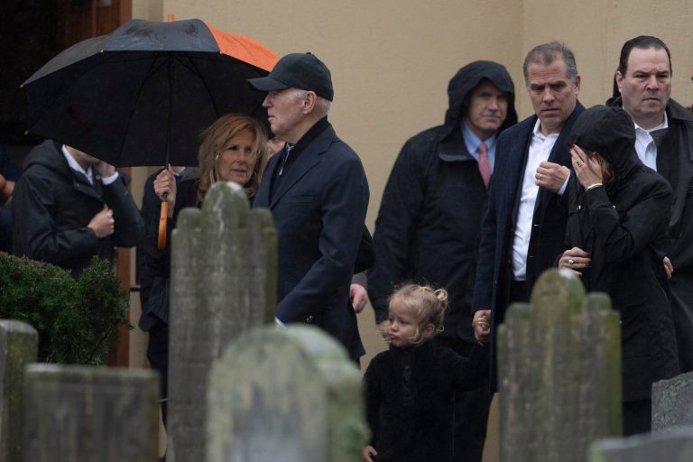 President Joe Biden with first lady Jill Biden, daughter Ashley Biden, front right, son Hunter Biden and his son walk toward the back church graveyard where family members, including his son Beau, first wife and first daughter, are all buried, after attending a Mass at St. Joseph on the Brandywine Catholic Church in Wilmington, Delaware, Monday, Dec. 18, 2023. Monday marks the 51st anniversary of the car crash that killed Biden's first wife, Neilia Hunter Biden, and 13-month-old daughter Naomi. 