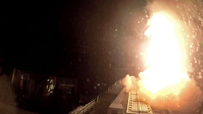 In this photo provided by the Royal Navy on Saturday, Dec. 16, 2023, an image shows the HMS Diamond firing its Sea Viper missile to engage and shoot down an aerial drone over the Red Sea. 