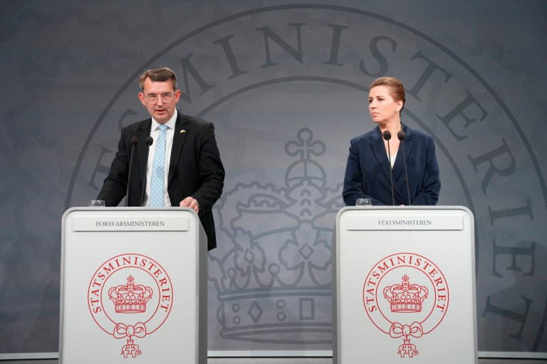 Denmark's Prime Minister Mette Frederiksen, right, and Denmark's Deputy Prime Minister and Minister of Defense Troels Lund Poulsen hold a press conference on defense cooperation with the United States, in the Hall of Mirrors in the State Ministry in Copenhagen, Denmark, Tuesday Dec. 19, 2023. American soldiers may be stationed at the air stations in Skrydstrup, Karup and Aalborg as a result of the new defense agreement between the U.S. and Denmark. 