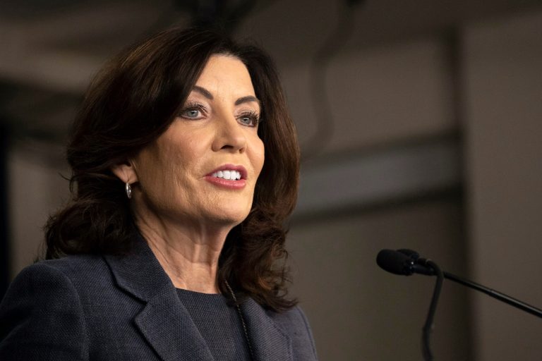 Gov. Kathy Hochul (D-NY) addresses the media during a press conference on Monday, March. 13, 2023, in New York. The state will create a study commission tasked with considering reparations and addressing the persisting, harmful effects of slavery in the state under a bill Hochul signed into law on Tuesday, Dec. 19, 2023.