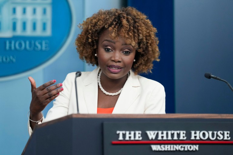 White House press secretary Karine Jean-Pierre speaks during a press briefing at the White House, Tuesday, Dec. 19, 2023, in Washington.