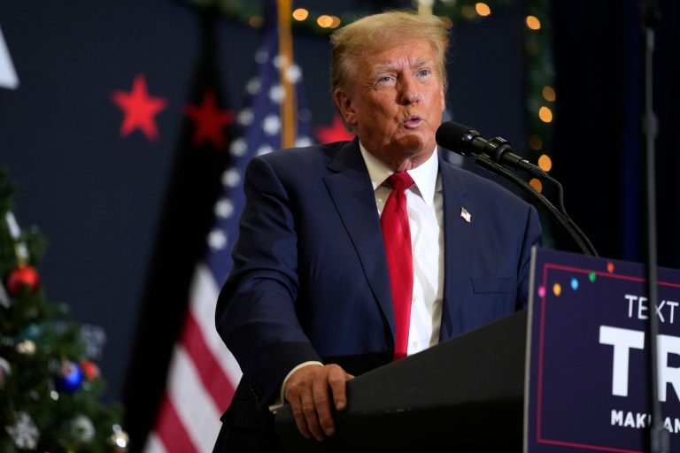 Former President Donald Trump speaks during a commit to caucus rally, Tuesday, Dec. 19, 2023, in Waterloo, Iowa. 