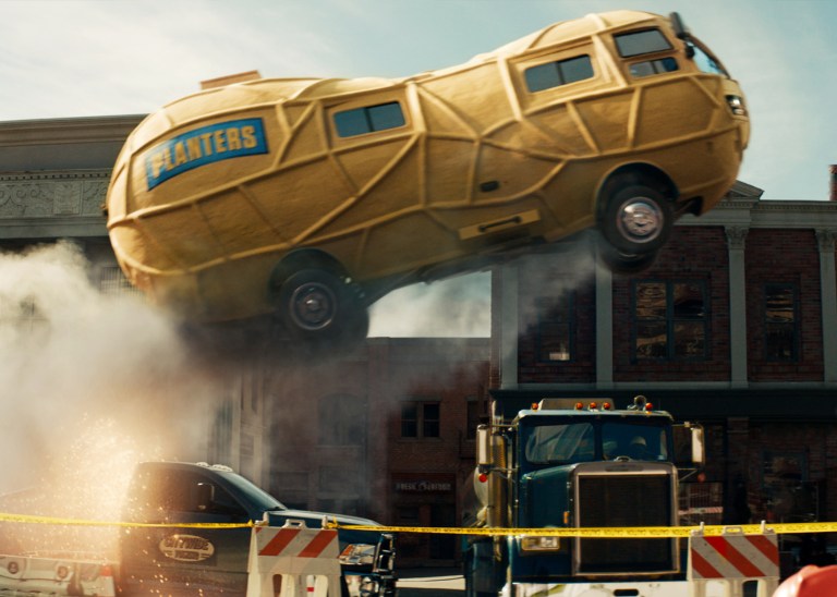 The Planters NUTmobile is shown in a 2019 Super Bowl ad.