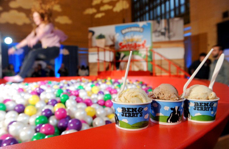 Ben & Jerry's launches new Cereal Splashback ice cream flavors, Frozen Flakes, Cocoa Loco and Fruit Loot, on National Cereal Day, Tuesday, March 7, 2017, during a celebration at New York's Grand Central Terminal.