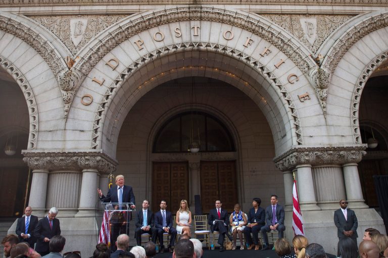 Donald Trump in July 2014 spoke during a ground breaking ceremony for the Trump International Hotel on the site of the Old Post Office, in Washington. The hotel has been the subject of lawsuits, and the unofficial Team Trump headquarters.
