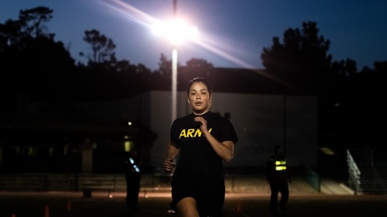 A 229th Military Intelligence Battalion Soldier races to the finish of the sprint-drag-carry portion of the Army Combat Fitness Test at the Presidio of Monterey, Calif., Nov. 1, 2019. 