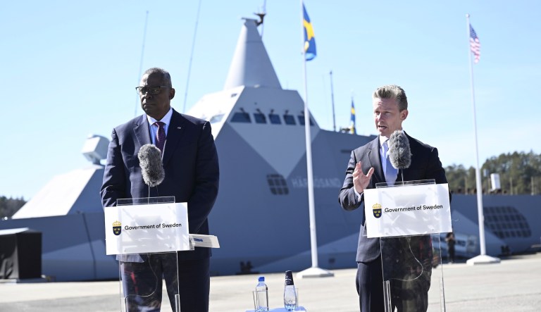 US Secretary of Defense Lloyd J. Austin III (left) and Swedish Minister for Defense PÃ¥l Jonson (right) hold a joint press conference at the MuskÃ¶ Naval Base in Stockholm, Sweden, Wednesday, April 19, 2023.