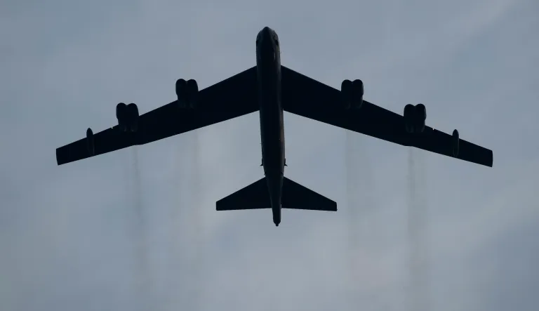A B-52 Stratofortress conducts a flyover during a âSalute to Americaâ event on the South Lawn of the White House, Saturday, July 4, 2020, in Washington.