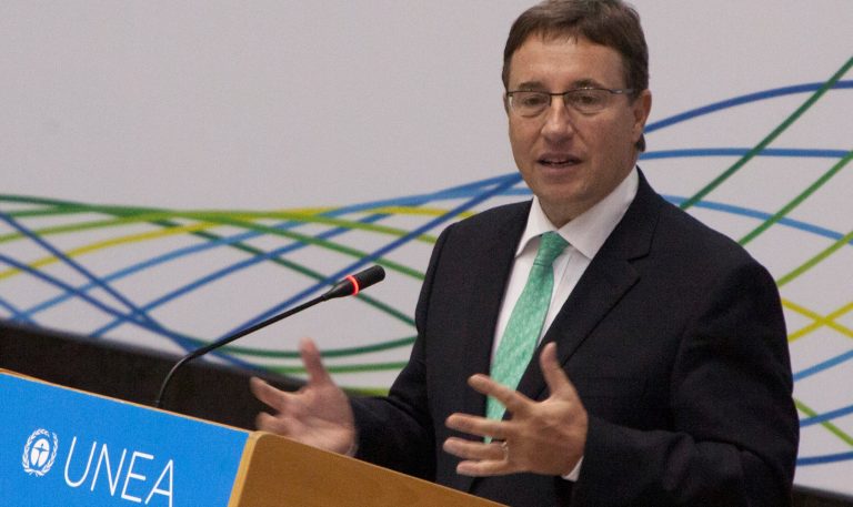 Achim Steiner, Executive Director of United Nations Environment Programme( UNEP) addresses the delegates, at the United Nations Headquarters in Nairobi, Kenya, Monday, June 23, 2014, during the opening of the UN Environment Assembly (UNEA), the highest-level United Nations body ever convened on environment. (AP Photo/Sayyid Azim)