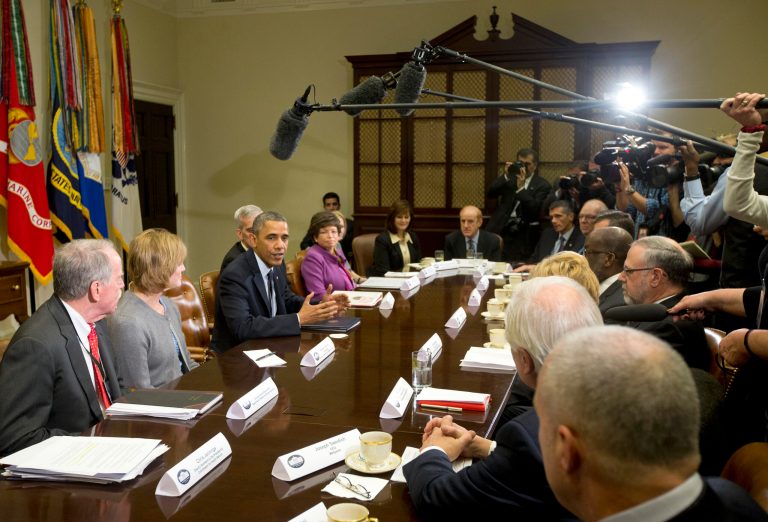 President Barack Obama makes a statement in the Roosevelt Room of the White House in Washington, Friday, Nov. 15, 2013, before the start of a meeting with representatives of health insurance companies. From left are, Department of Health and Human Services Office of Health Reform Director Michael Hash; Centers for Medicare and Medicaid Services head Marilyn Tavenner; the president; White House Chief of Staff Denis McDonough; and White House senior adviser Valerie Jarrett. (AP Photo/ Evan Vucci)