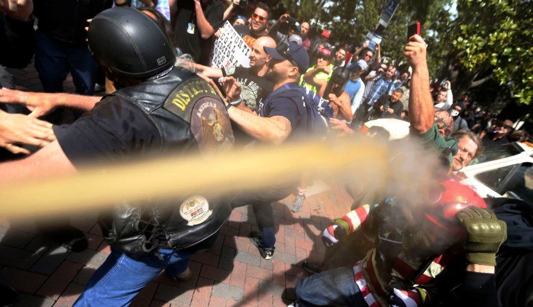 Footage emerged last week of masked ruffians beating a man as he writhed on the ground at Berkeley's campus. What had he done? The goons assumed, without evidence, that he was an alt-right supporter, or at least a Trump voter. (Anda Chu /San Jose Mercury News via AP, File)
