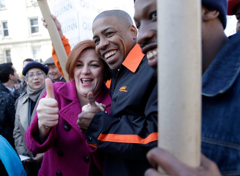 New York City Council speaker and mayoral hopeful Christine Quinn, left, poses for pictures with supporters as she announces her mayoral run in New York, Sunday, March 10, 2013. The New York City Council speaker has formally launched what she hopes will be a history-making mayoral bid this fall. (AP Photo/Seth Wenig)