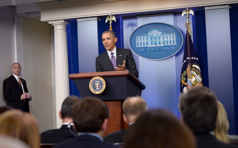 President Barack Obama gestures as he speaks in the briefing room of the White House in Washington, Thursday, April 17, 2014. The president spoke about health care overhaul and the situation in Ukraine.  (AP Photo/Susan Walsh)