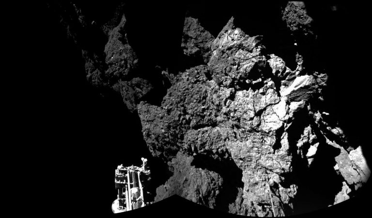 This November 13, 2014 handout photo provided by the European Space Agency shows the surface of the 67P/Churyumov-Gerasimenko comet as seen from the Philae lander, which landed on the comet's surface. (Photo ESA via Getty Images)