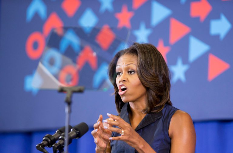   First Lady Michelle Obama speaks during a visit to Orr Elementary in Washington, Friday, Sept. 6, 2013, for a back to school event highlighting healthy changes happening in schools and across the country. (AP Photo/Manuel Balce Ceneta)  