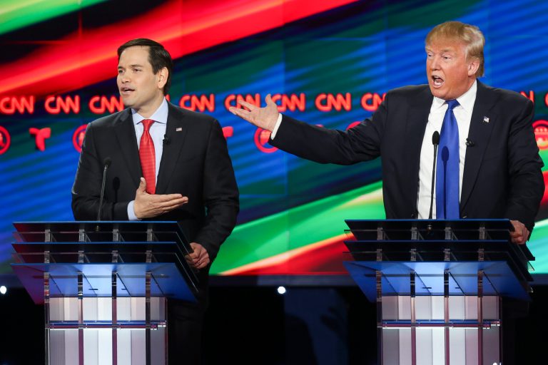 The feud between Donald Trump and Sen. Marco Rubio hasn't focused on policy or big ideas but instead on bodily functions. (AP Photo/Houston Chronicle, Gary Coronado, Pool)