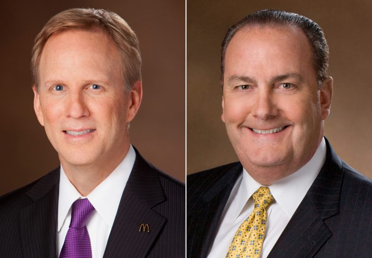 This combination made with undated photos provided by McDonald's shows Mike Andres, the company's newly named president for its flagship U.S. division, left, and current president Jeff Stratton. The world's biggest hamburger chain on Friday, Aug. 22, 2014 said Andres will replace Stratton, who is retiring effective Oct. 15. (AP Photo/McDonald's)