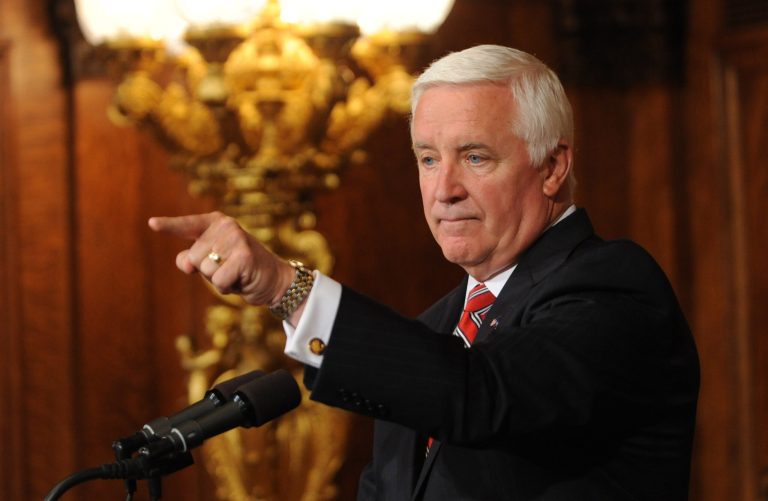 Pennsylvania Gov. Tom Corbett fields questions from the media during a news conference Thursday, July 10, 2014, in Harrisburg, Pa. (AP Photo/Bradley C Bower)