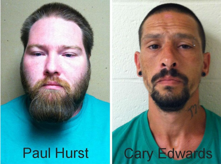 This photo combo provided by Wicomico County sheriff's office shows, from left,  Paul Hurst and Cary Edwards. A Maryland judge has ordered two men held without bond on charges of attacking a housemate and trying to forcibly remove a tattoo from his arm.  Investigators say 33-year-old Paul Martin Hurst of Hebron, Md.,  and 35-year-old Carey Lee Edwards of Williamsburg, Va, savagely beat the victim, then tried to carve and burn a tattoo from his arm. Wicomico County sheriff Mike Lewis  says all three men are affiliated with the Juggalos, a cult fan base of the rap-metal duo Insane Clown Posse that the FBI has described as ganglike. Lewis says the suspects thought the victim disrespected the Posse and didn't deserve to wear the tattoo.  (AP Photo/Wicomico County sheriff's office)