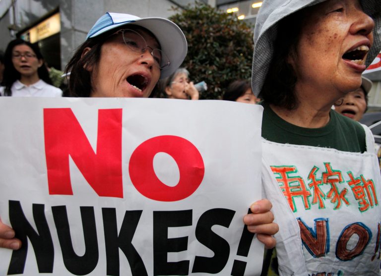   FILE - In this June 8, 2012 file photo, protesters shout slogans during an anti-nuclear plant rally in front of the Prime Minister's office in Tokyo shortly after Japanese Prime Minister Yoshihiko Noda said Japan must restart two nuclear reactors to protect the economy and people's livelihoods in a news conference. More than 20 months after a catastrophic nuclear disaster, massive protests against atomic energy and public opinion polls backing the phase-out of reactors, a pro-nuclear party won Japanâs parliamentary election. The result left anti-nuclear proponents in shock Monday, Dec. 17, struggling to understand how the Liberal Democratic Party not only won, but won in a landslide. (AP Photo/Itsuo Inouye, File)  