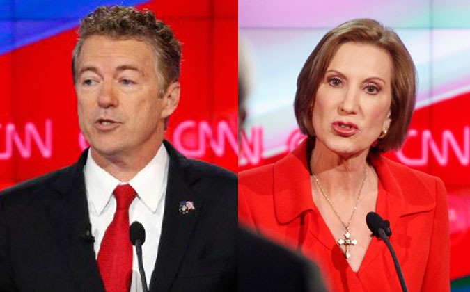 Republican presidential hopefuls Rand Paul and Carly Fiorina will not be joining their rivals on the main stage Thursday evening. (AP Photos)