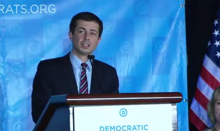 Dark horse Pete Buttigieg, 35, the mayor of Fort Bend, Ind., use his nominating speech, delivered just minutes before the voting began, to exited the race. His exit made an Ellison or Perez victory on one of the initial ballots much more likely. (Screen shot)