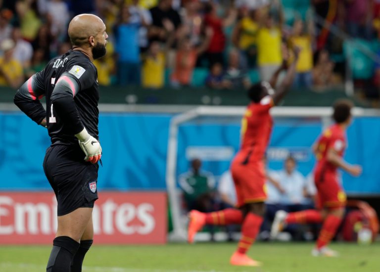 United States' goalkeeper Tim Howard reacts after Belgium's Romelu Lukaku scored his side's second goal during the World Cup round of 16 soccer match between Belgium and the USA at the Arena Fonte Nova in Salvador, Brazil, Tuesday, July 1, 2014.   (AP Photo/Julio Cortez)
