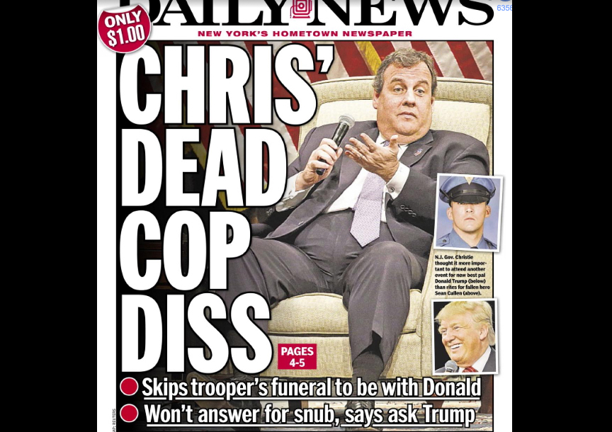 Daily News savages Christie for skipping trooper funeral
