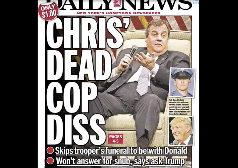 New Jersey Gov. Chris Christie was beaten up by the New York Daily News for skipping a state trooper's funeral in order to campaign with Donald Trump. (screenshot)