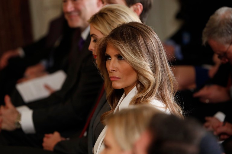 First lady Melania Trump listens during a joint news conference with President Donald Trump and Israeli Prime Minister Benjamin Netanyahu in the East Room of the White House in Washington, Wednesday, Feb. 15, 2017. (AP Photo/