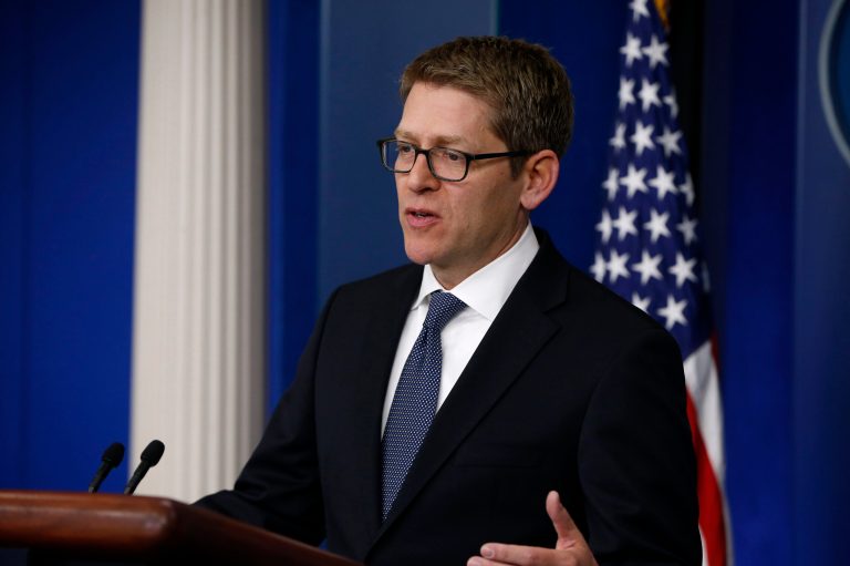 White House press secretary Jay Carney speaks to reporters at the daily press briefing, Friday, April 11, 2014, at the White House in Washington. The US, in a rare diplomatic rebuke, will not grant a visa to Tehran's pick for envoy to the United Nations, the Obama administration said Friday. 