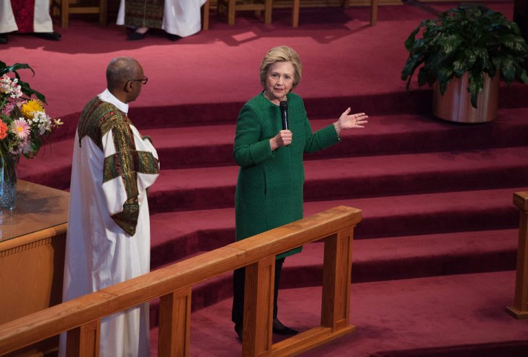 Democratic presidential candidate Hillary Clinton speaks at the AME Church during a campaign stop, Sunday, April, 10, 2016, in New York. (AP Photo/Bryan R. Smith)