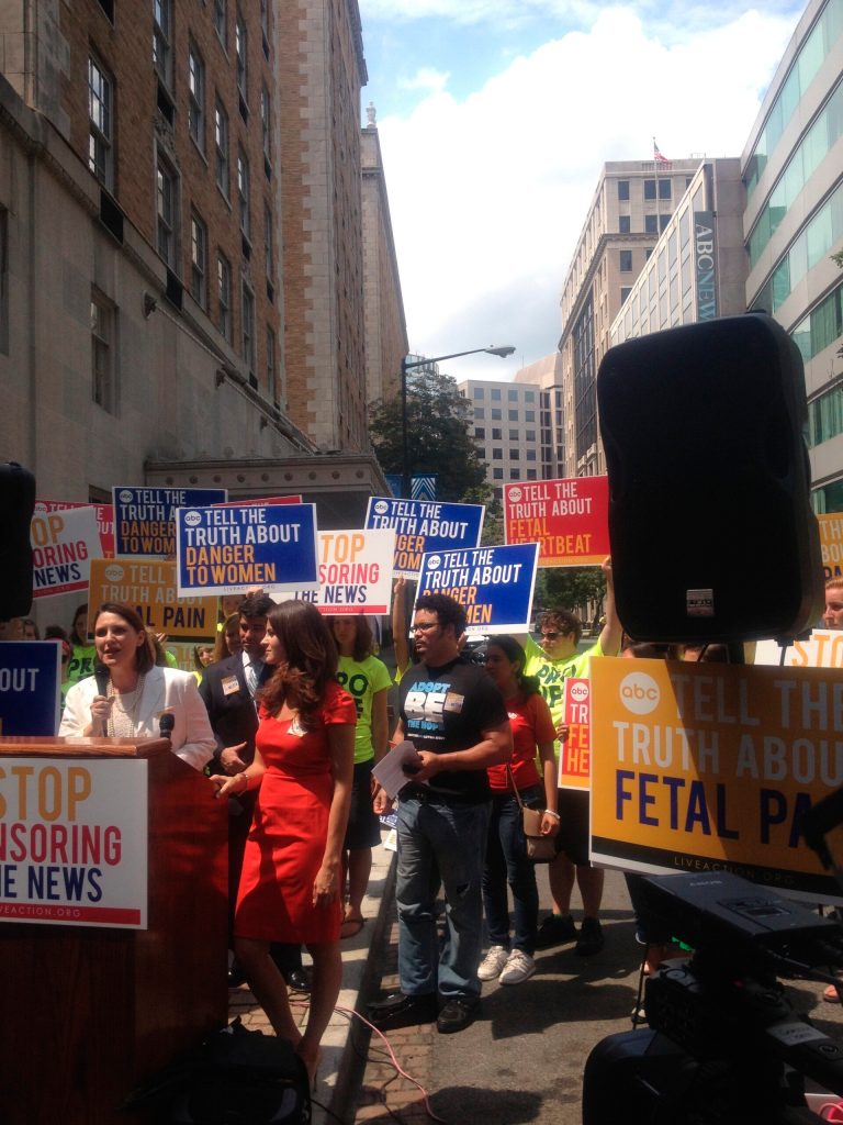 Anti-abortion leaders Charmaine Yoest, president, Americans United for Life left, and Live Action's Lila Rose called on ABC to cover the impact of abortion on women. (Staff photo)