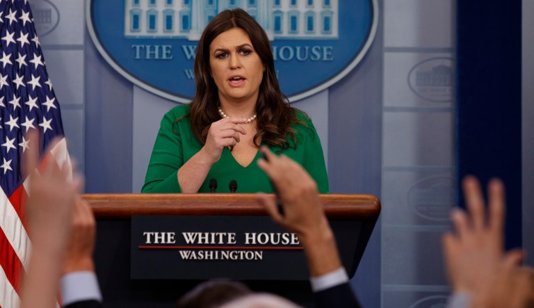 White House press secretary Sarah Huckabee Sanders speaks during the daily press briefing, Friday, Oct. 27, 2017, in Washington. (AP Photo/Evan Vucci)
