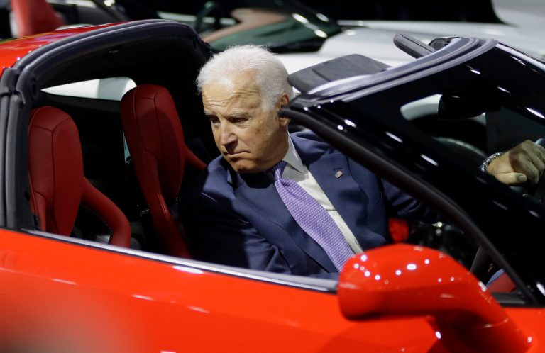 Vice President Joe Biden sits in a Corvette Stingray during a tour of the North American International Auto in Detroit on Thursday. (AP Photo/Carlos Osorio)