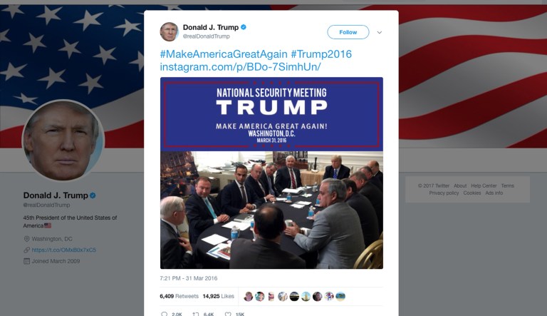 In this photo from President Trump's Twitter account, George Papadopoulos, third from left, sits at a table with then-candidate Trump and others at what is labeled at a national security meeting. Trump belittled Papadopoulos by calling him a 