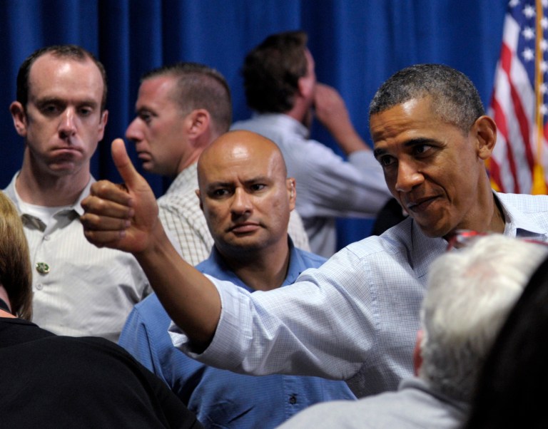 President Barack Obama gives a thumbs up as he greets the crowd after speaking at Dobbins Elementary School in Poland, Ohio, Friday, July 6, 2012.  (AP Photo/Susan Walsh)