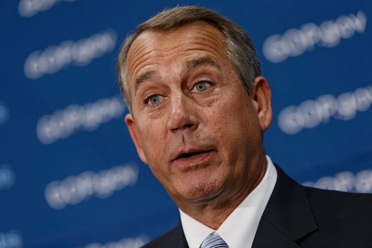 House Speaker John Boehner of Ohio meets with reporters on e Capitol Hill in Washington, Wednesday, Feb. 26, 2014, following a Republican caucus. When asked about House Ways and Means Committee Chairman Rep. Dave Camp, R-Mich., and his plan to release a rewrite of the nation's tax code later today, Boehner distanced himself from the details and wouldn't promise a House vote on the plan this year. (AP Photo/J. Scott Applewhite)