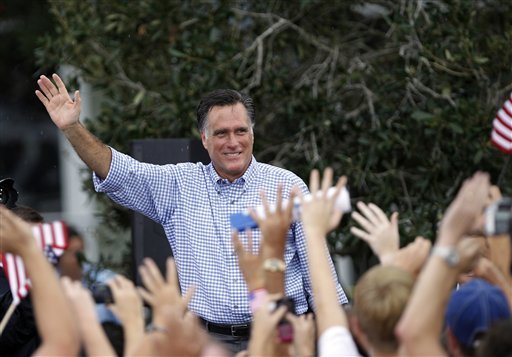 Republican presidential candidate and former Massachusetts Gov. Mitt Romney waves following a campaign rally, Sunday, Oct. 7, 2012 in Port St. Lucie, Fla. (AP Photo/Lynne Sladky)