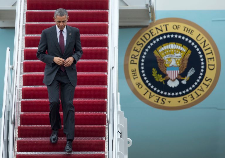 President Barack Obama jogs down the steps of Air Force One as he arrived at Andrews Air Force Base, Md., Friday, April 3, 2015, from a trip to Salt Lake City, Utah. (AP Photo/Manuel Balce Ceneta)