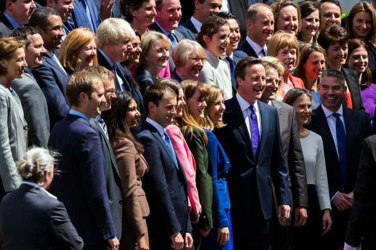 British Prime Minister David Cameron poses for a picture with the new Conservative Party MPs in Palace Yard on May 11, 2015 in London, England. (Getty Image)