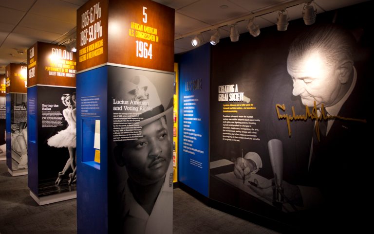   In this Dec. 11, 2012 photo, new exhibits about Lyndon Baines Johnson's presidency are displayed at the LBJ Presidential Library in Austin. An insiderâs look at how Johnson delt with challenges is on display at the newly remodeled LBJ Presidential Library in Austin, where the old 1970s-style exhibits now use 21st century technology to put visitors in Johnsonâs shoes. Mark Updegrove, the libraryâs director, said the reopening comes as historians take a fresh look at Johnsonâs efforts to fight poverty and improve the health of the nation by creating a Great Society. (AP Photo/Statesman.com, Jay Janner) MAGS OUT; NO SALES; INTERNET AND TV MUST CREDIT PHOTOGRAPHER AND STATESMAN.COM  