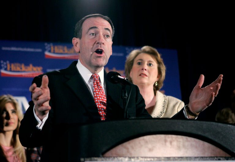 The final Iowa caucus polling average in 2008 predicted a narrow Mike Huckabee victory, by three percentage points. Huckabee did win, but with five points more support than predicted (AP Photo/Paul Sancya)