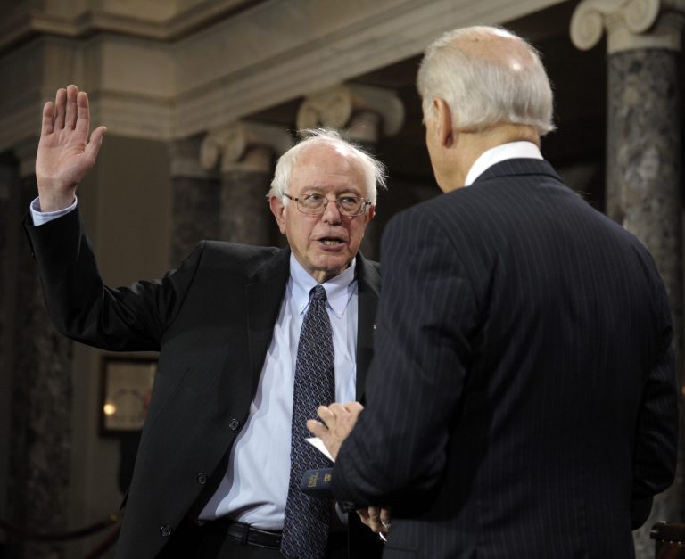 Vice President Joe Biden administers the Senate Oath to Sen. Bernard Sanders, I-Vt. during a mock swearing in ceremony on Capitol Hill in Washington, Thursday, Jan. 3, 2013, as the 113th Congress officially began. If all go Sanders' way, he will be sworn in as president in 2016. (AP Photo)