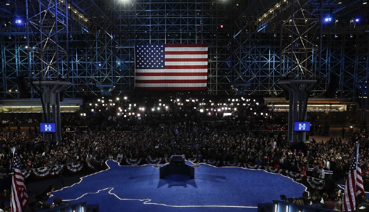 The stage remains empty late into the night at Democratic presidential nominee Hillary Clinton's election night rally in New York. Clinton has yet to comment publicly on her defeat. (AP Photo/Matt Rourke)