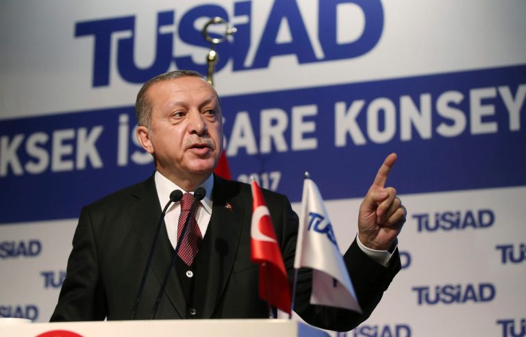 Turkey's President Recep Tayyip Erdogan watched his security personnel attack peaceful protesters at the Turkish embassy in Washington, D.C., last week. (Presidency Press Service, Pool photo via AP)
